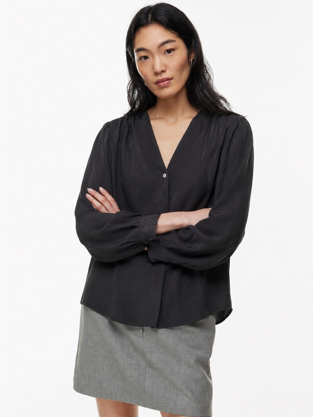 Aritzia Black V-Neck Balloon-Sleeve Blouse